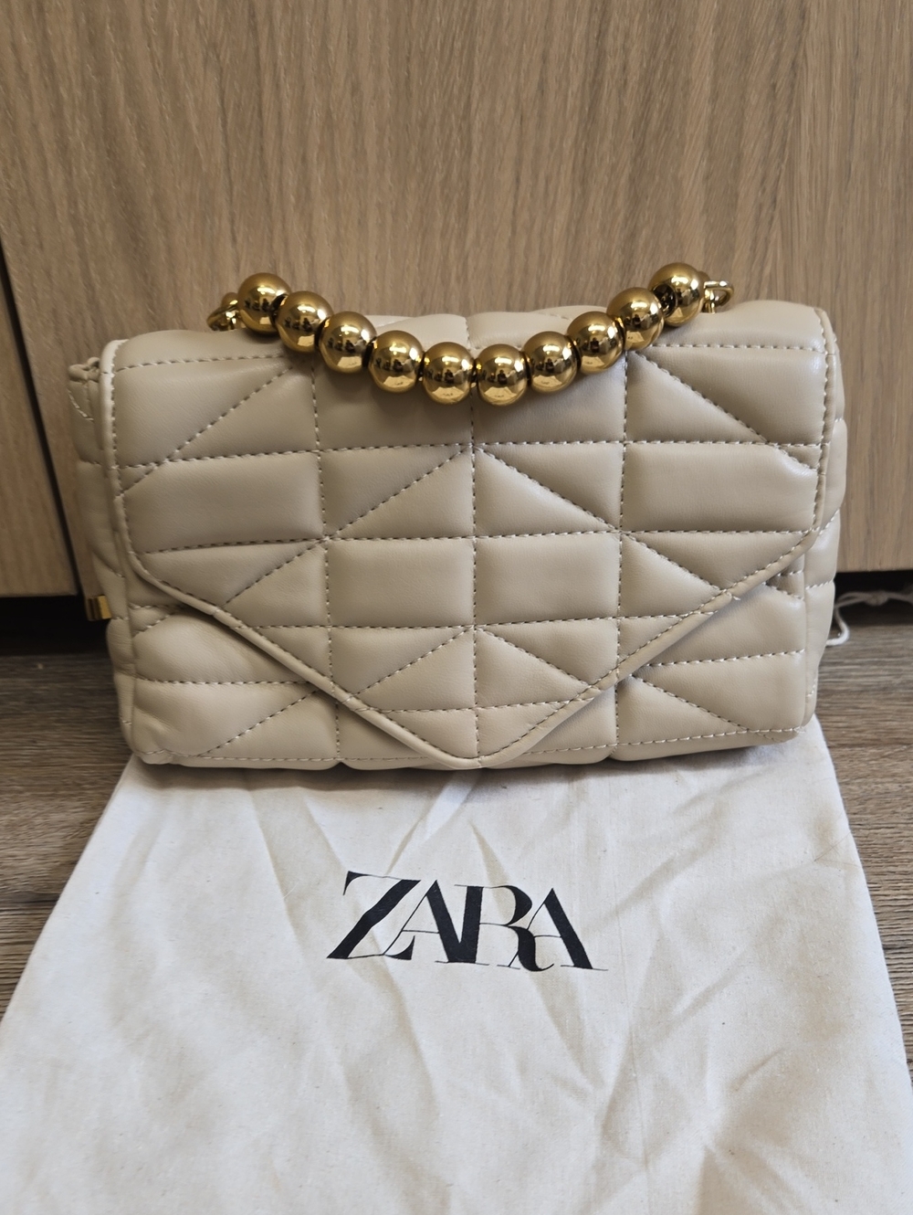 ZARA Quilted Cream Shoulder Bag with Gold Bead Handle